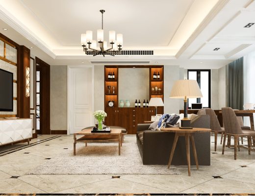 3d rendering contemporary modern dining room and living room with luxury decor