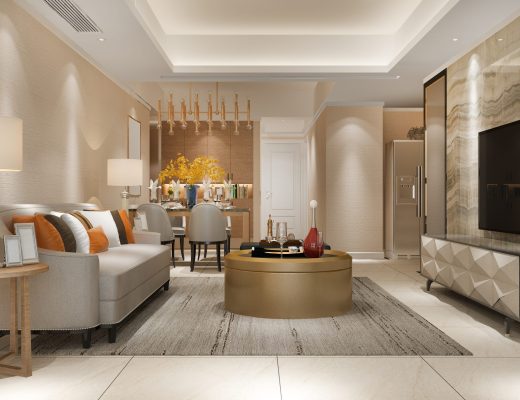 3d rendering modern dining room and living room with luxury decor