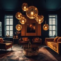 Luxury modern living room illuminated by lantern generated by artificial intelligence